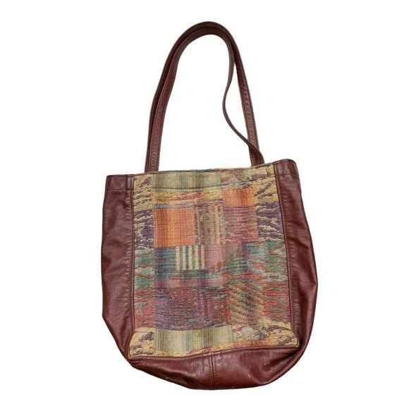 Vintage Deep Red Leather and Patchwork‎ Shoulder Tote Bag - Picture 3 of 10
